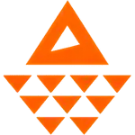 Orangefarbenes geometrisches Design mit einem großen Dreieck oben und einem kleineren dreieckigen Ausschnitt. Darunter befinden sich drei Reihen kleinerer, massiver Dreiecke, die ein umgekehrtes Trapez bilden. Das Design ist auf weißem Hintergrund angeordnet.